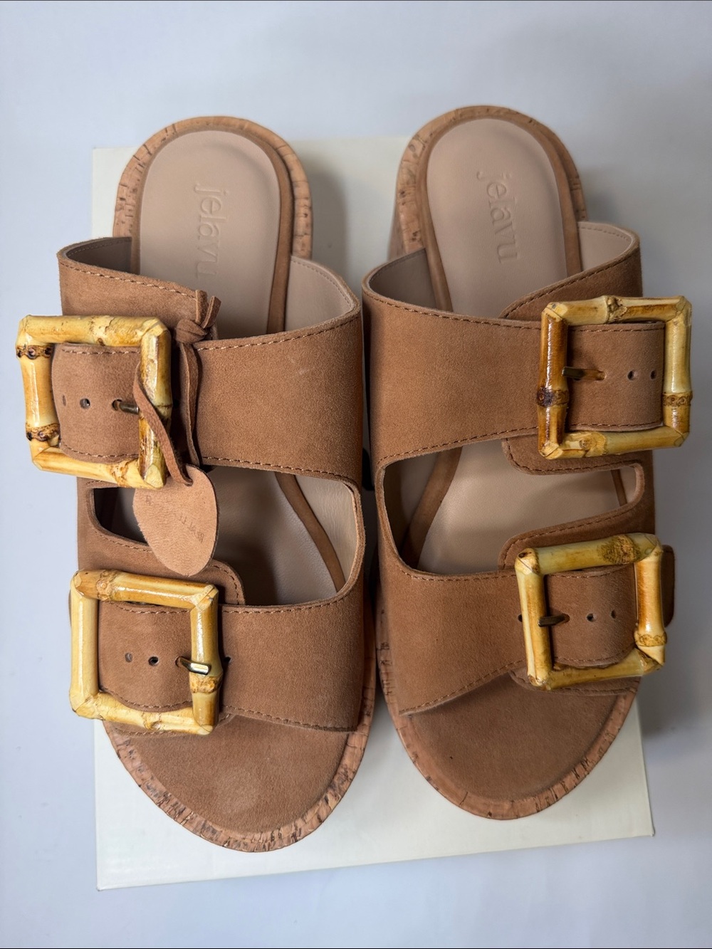 Jelavu Women’s Tan Double-Buckle Slide Sandals with Decorative Bamboo Buckles